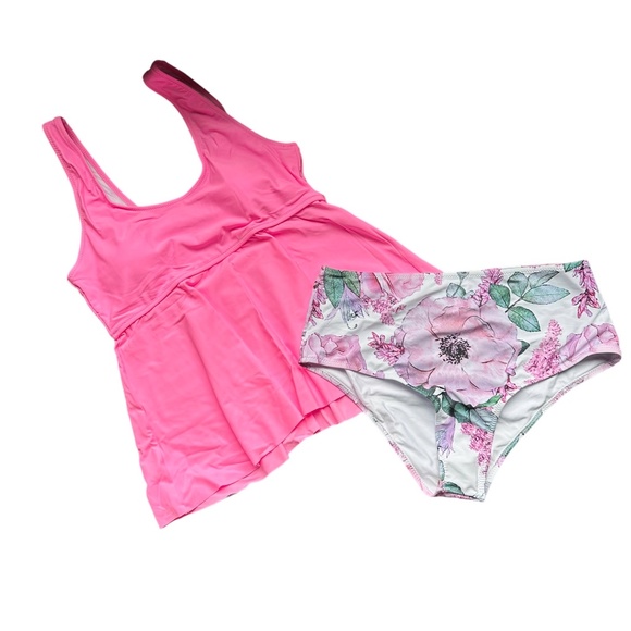 Beachsissi Brand New Flower Print Ruffle Hem Tummy Control Tankini Set, Pink XL - Picture 6 of 8